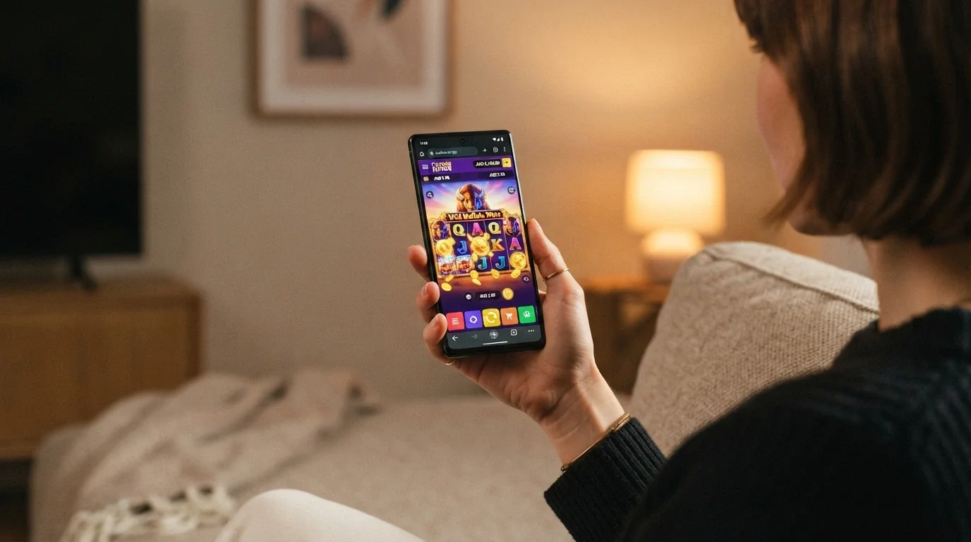 A smartphone held in hand showing an Ethereum casino game running in a mobile browser