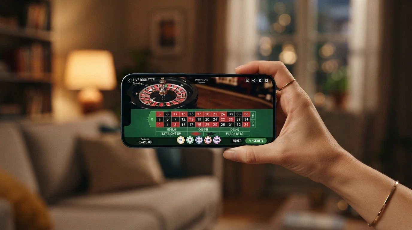 A modern smartphone held in landscape orientation displaying a live roulette table with the betting grid, dealer stream and chip selector visible on the mobile-optimised interface