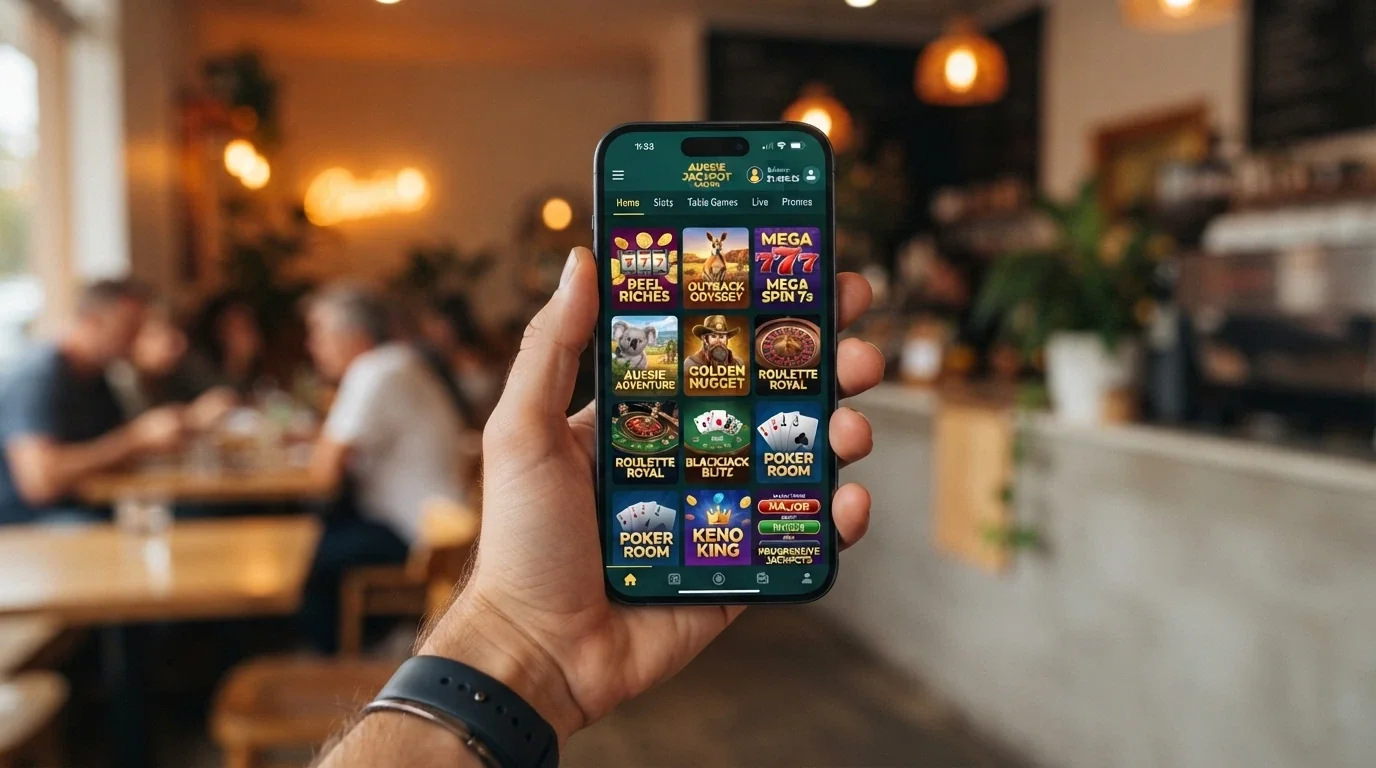 A hand holding a smartphone with a casino game lobby open on screen, no app-store icon visible, the browser address bar showing