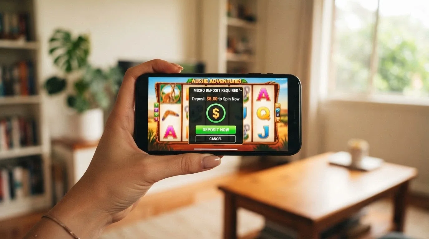 A hand holding a smartphone in landscape mode showing a pokie game with the deposit screen overlay visible
