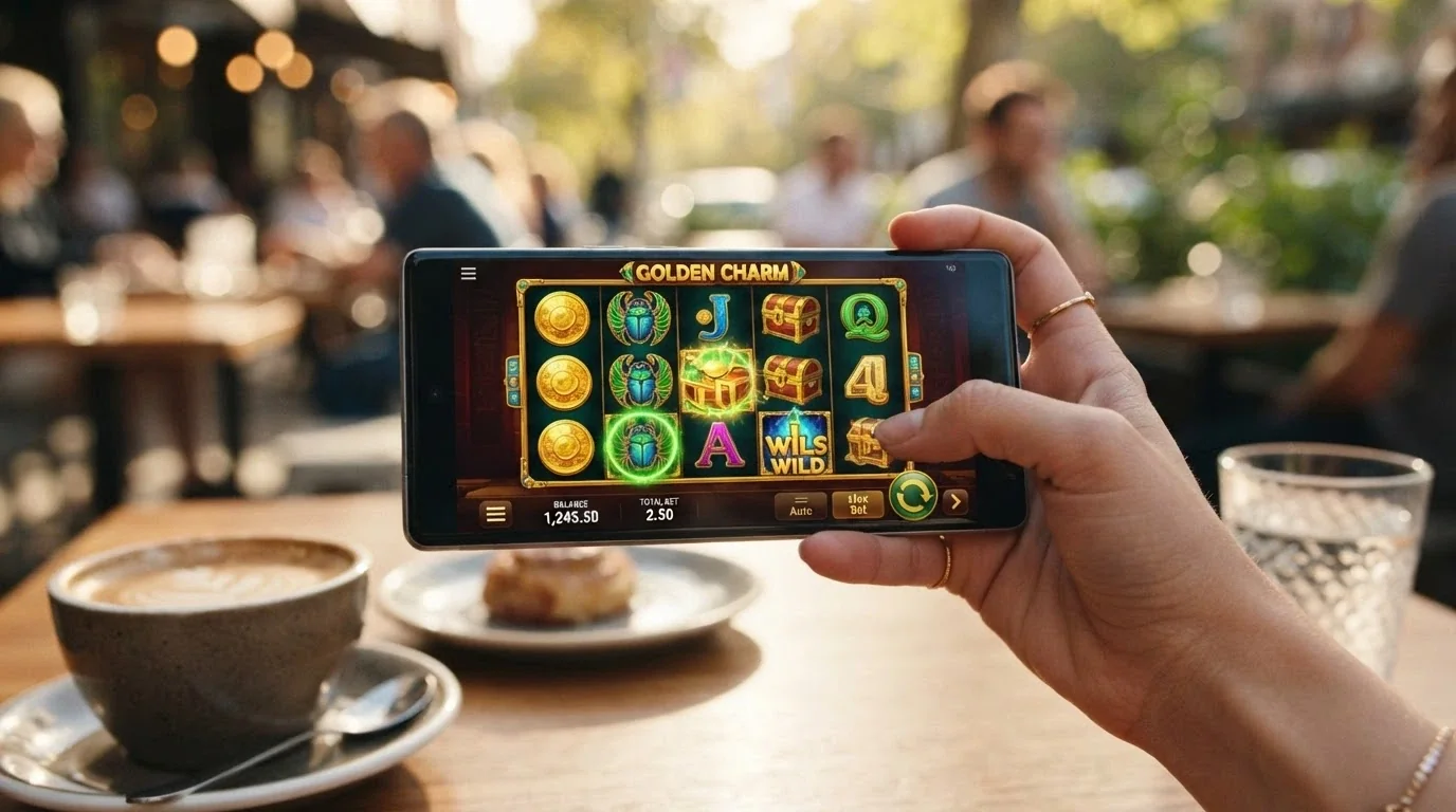 A hand holding a smartphone in landscape orientation with a pokie game visible on the screen