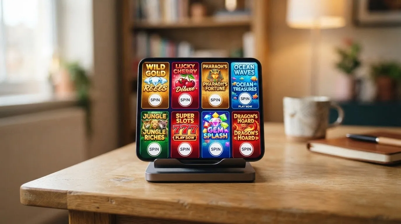 Smartphone displaying a grid of pokies thumbnails with spin-button overlays sized for thumbs