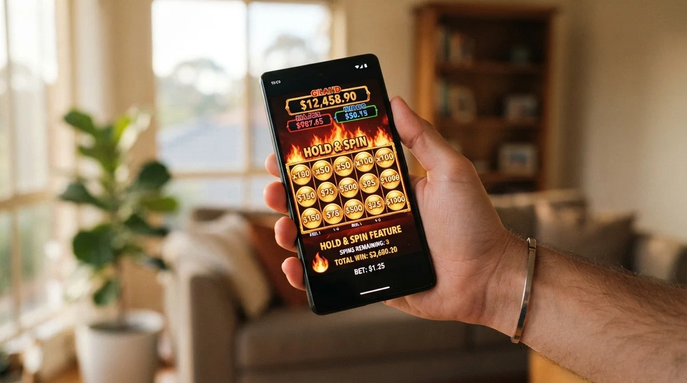 A smartphone held in hand displaying a Dragon Link-style pokies game with the Hold & Spin feature active and a progressive-jackpot ticker showing the Grand total