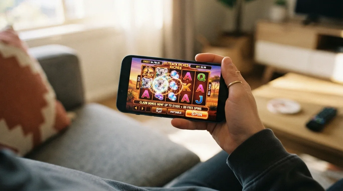 A hand holding a smartphone in landscape orientation with an online pokies game and a bonus-claim button visible on screen