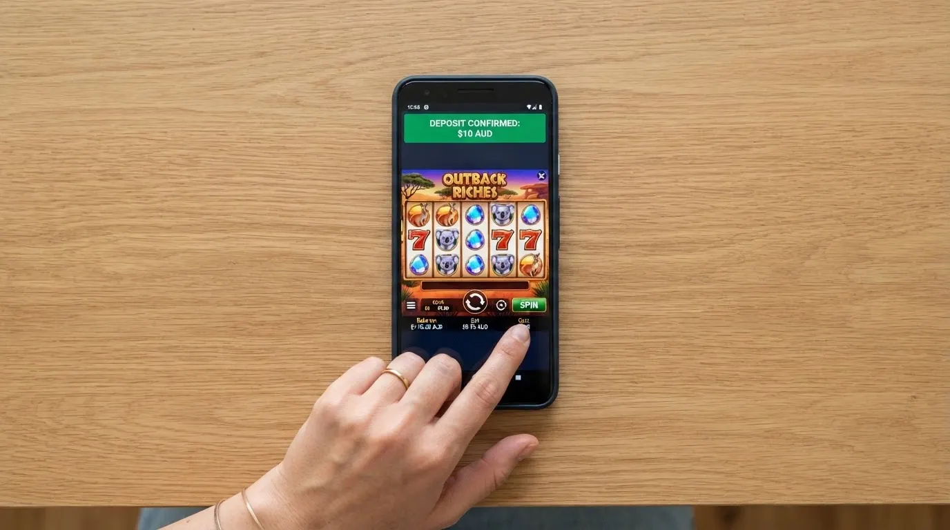 A hand holding a smartphone with a pokies game loaded and a $10 deposit confirmation notification on screen