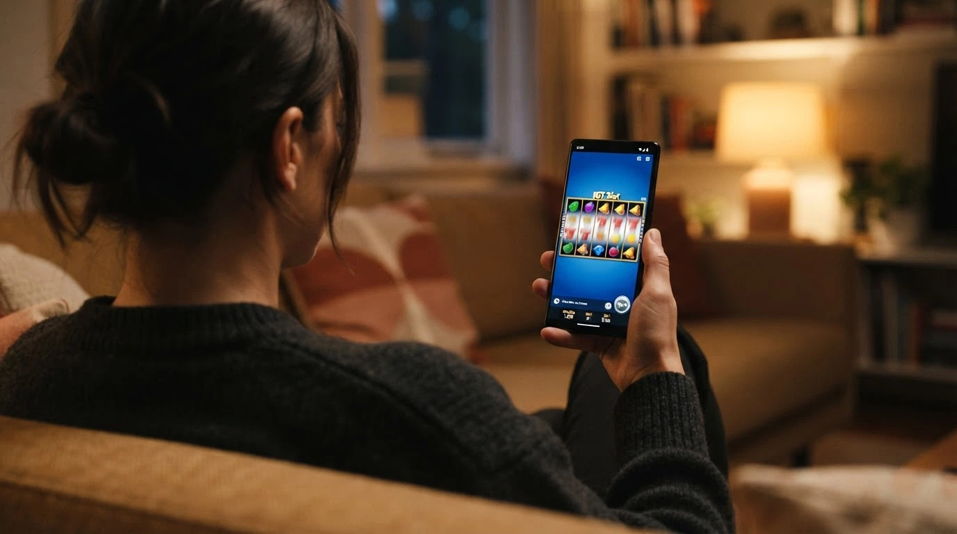A hand holding a smartphone in portrait orientation, the screen showing a pokie game with five reels visible, set against a commute or lounge-setting background