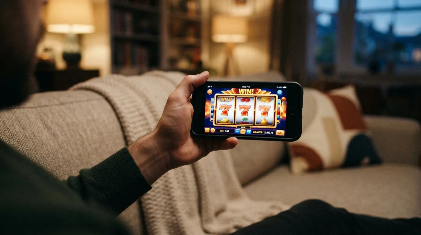 Player holding a phone horizontally with pokies reels spinning, overlaid with mobile signal and battery icons