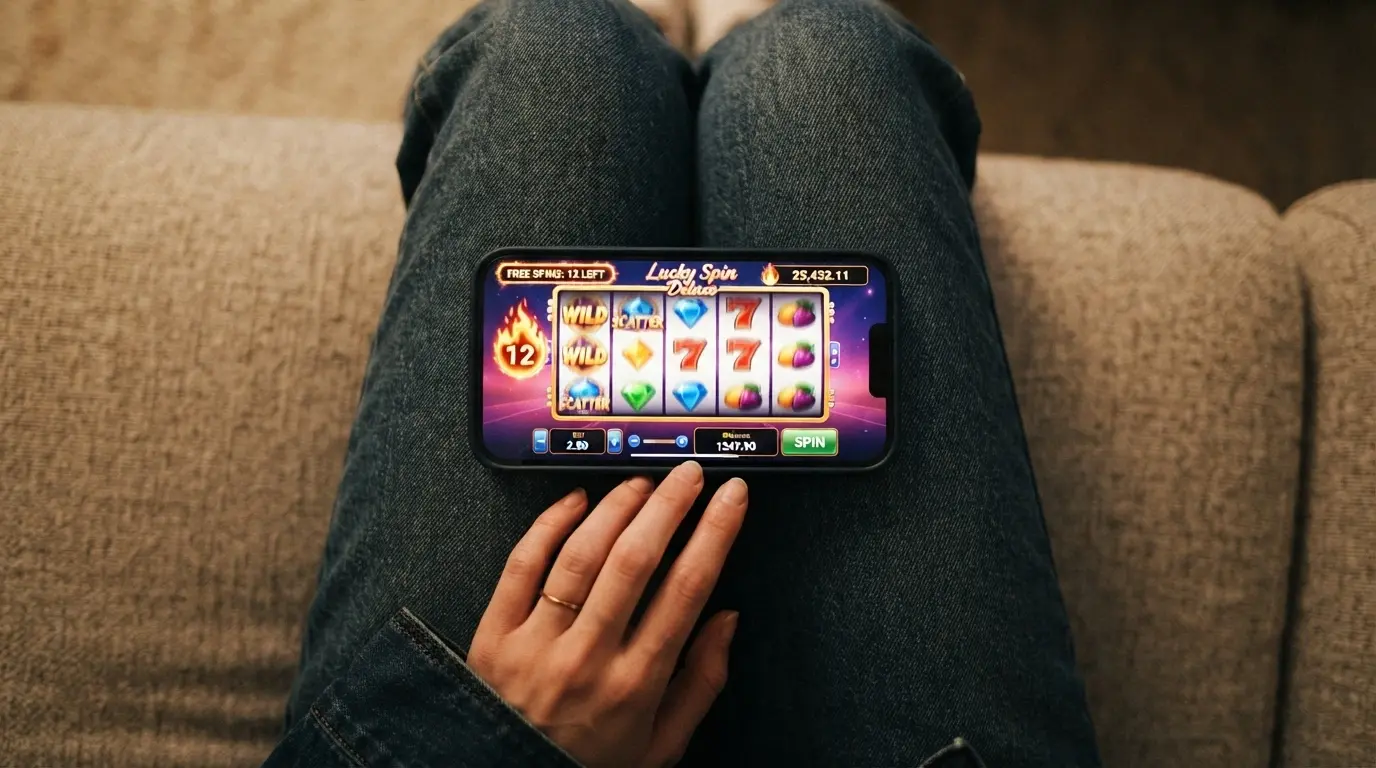 A mobile phone displaying an online pokies game with free spins active on screen