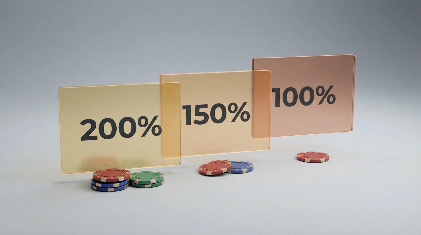 A diagram showing a three-deposit welcome package ladder with match percentages declining from 200% to 150% to 100%