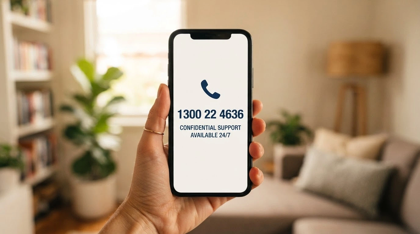 Phone displaying the 1800 858 858 Gambling Helpline number on screen