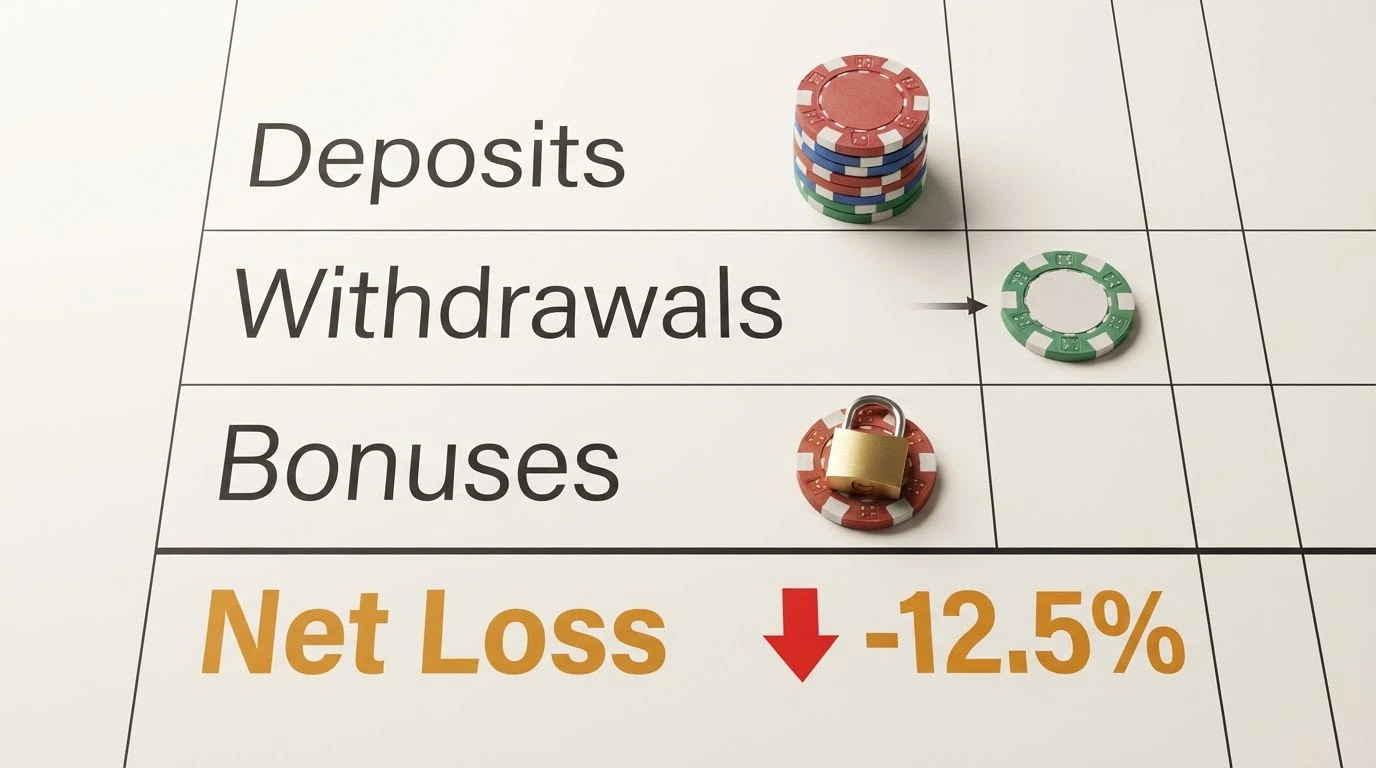 A clean calculator or ledger-style visual showing three entries — Deposits, Withdrawals, Bonuses — being subtracted to a Net Loss figure, with a percentage applied