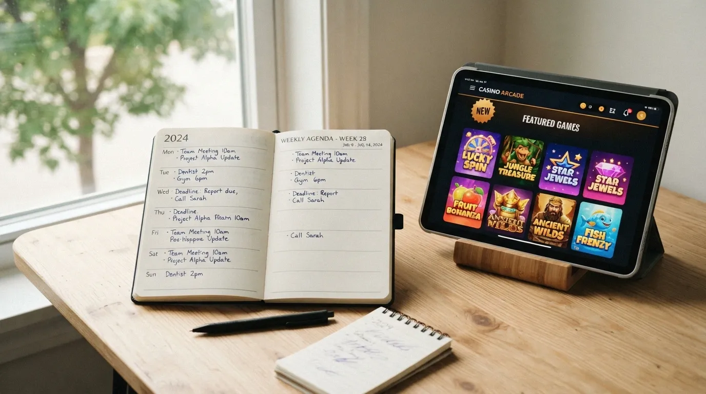 A calendar page showing the current year with a new badge over a generic casino interface