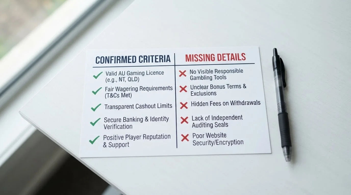A checklist or comparison card with checkmarks against established-operator criteria (published licence, stated wagering, clear cashout cap) and cross-marks against a newer brand missing those details