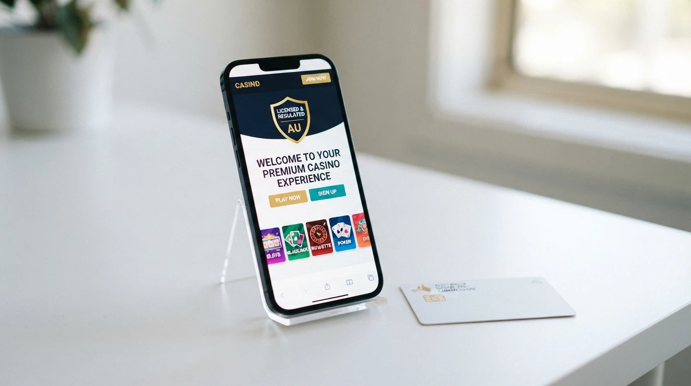 Mobile phone displaying a new casino landing page with a clean design, licence badge and game thumbnails