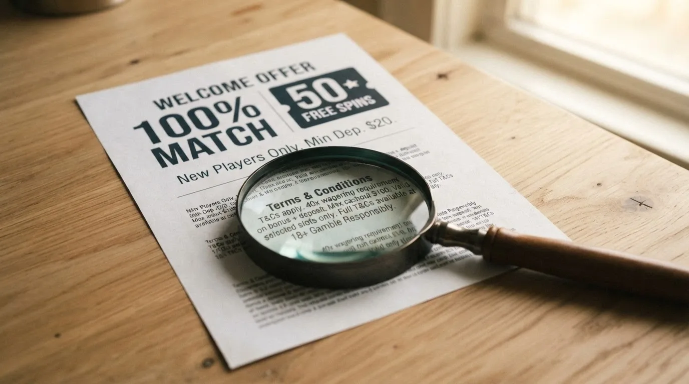 A welcome-offer promotional banner styled generically — a match-percentage graphic and a free-spins counter — with a magnifying-glass overlay suggesting scrutiny