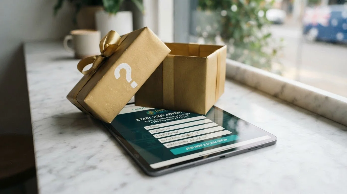 A freshly unwrapped gift box with a question mark stamped on the lid, sitting on a digital tablet that displays a casino sign-up form