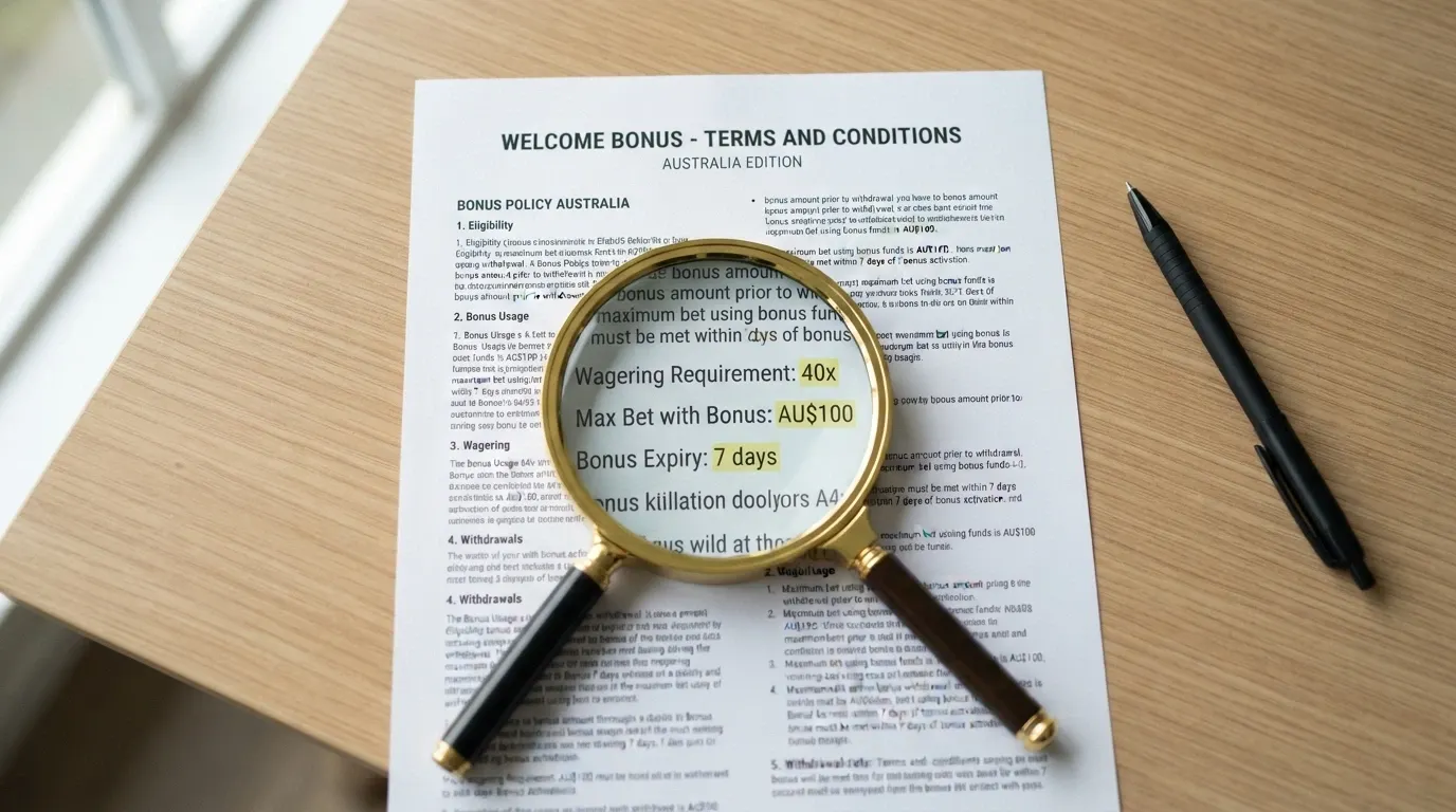 A magnifying glass held over a set of bonus terms and conditions, with key numbers — 40x, AU$100, 7 days — highlighted