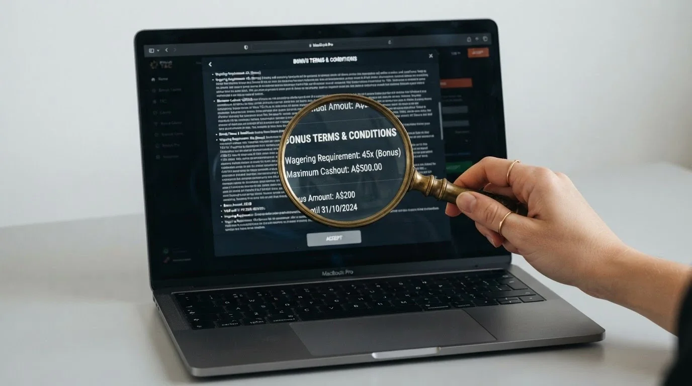 A casino bonus terms pop-up with the wagering requirement and max cashout clause highlighted by a magnifying glass, Australian dollar figures visible
