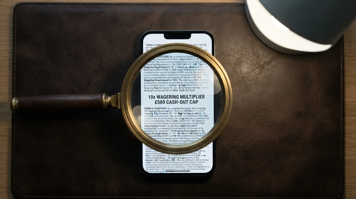 A magnifying glass over a smartphone screen showing the small-print terms of a no-deposit bonus offer