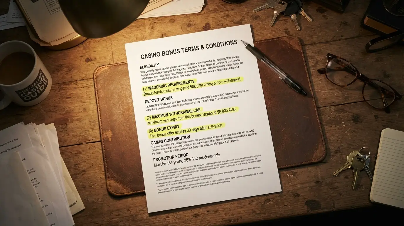 A casino bonus terms page with wagering requirements, maximum withdrawal limits and expiry dates highlighted