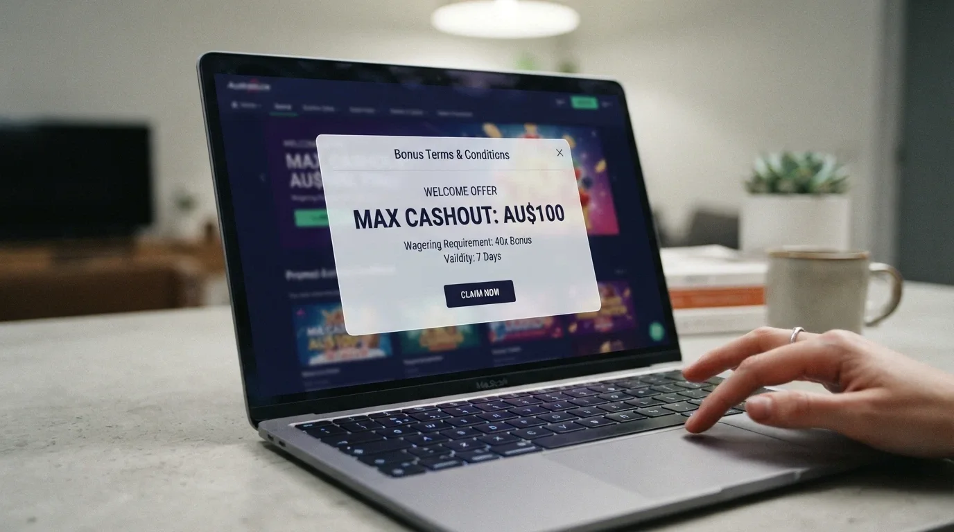 A casino bonus terms popup highlighting a maximum cashout limit of AU$100