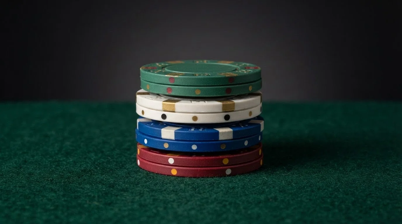 Four stacked casino chips labelled Free Spins, Free Chip, No Wager and Welcome Bundle on a dark felt table background