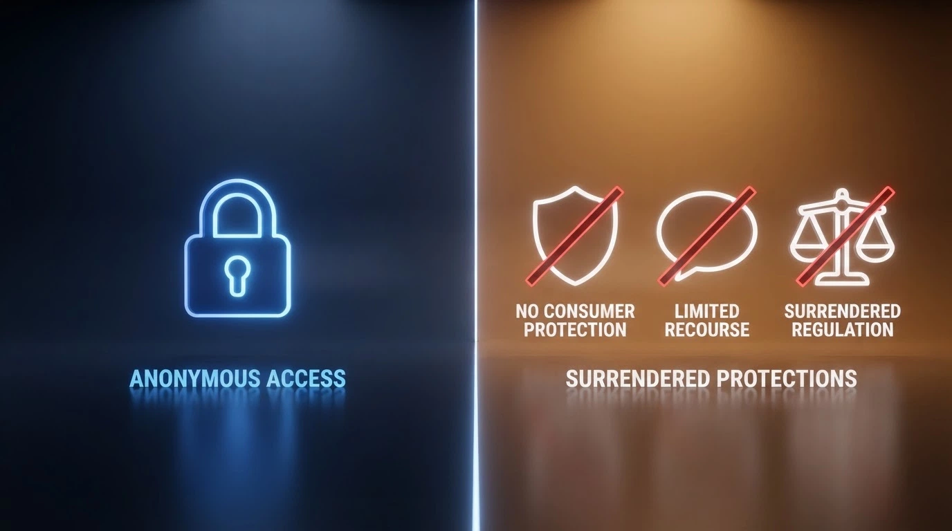 A visual contrast: a padlock icon marked “No KYC” on the left, and on the right three crossed-out icons for BetStop, ACMA and consumer protection