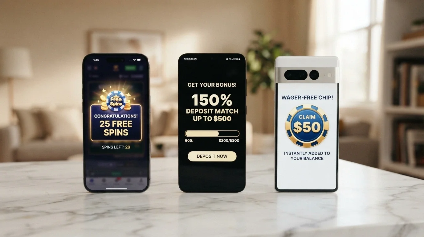 Three side-by-side mobile screens showing a free-spins offer notification, a welcome-package deposit-match banner, and a cash-chip pop-up