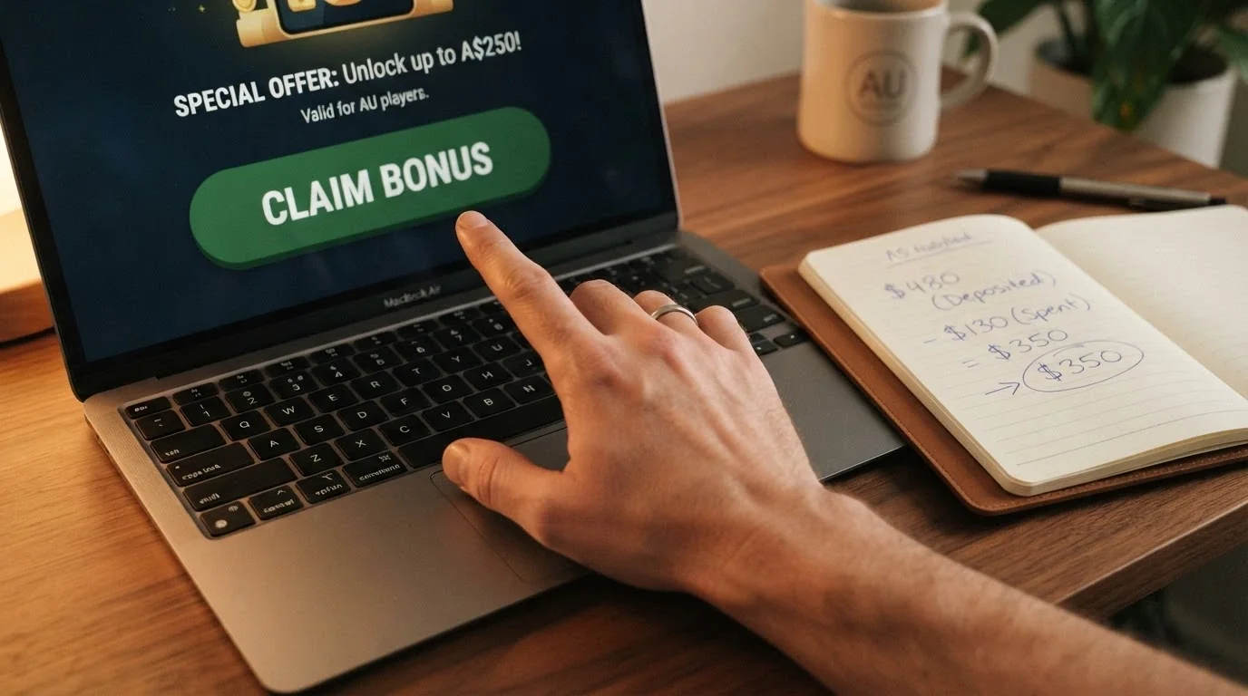 A player's hand hovering over a “Claim Bonus” button on a screen, with a notepad beside it showing a simple expected-loss calculation — the pause before the click
