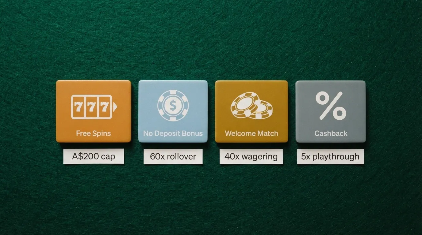 A collection of casino bonus badges or tiles — free spins, no-deposit chip, welcome match, cashback — each with its key limitation printed beneath it
