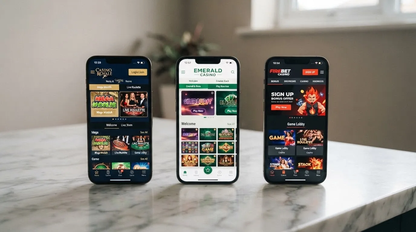 A side-by-side layout of multiple smartphone screens each displaying a different casino mobile-site homepage, showing varied designs