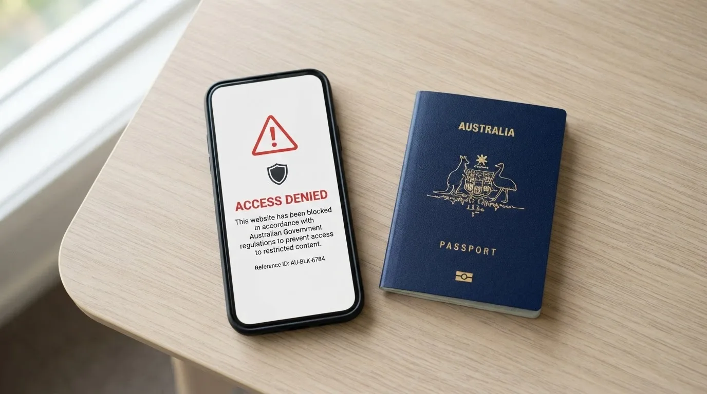 A smartphone screen showing a blocked-website notice with an ACMA logo, beside an Australian passport on a desk