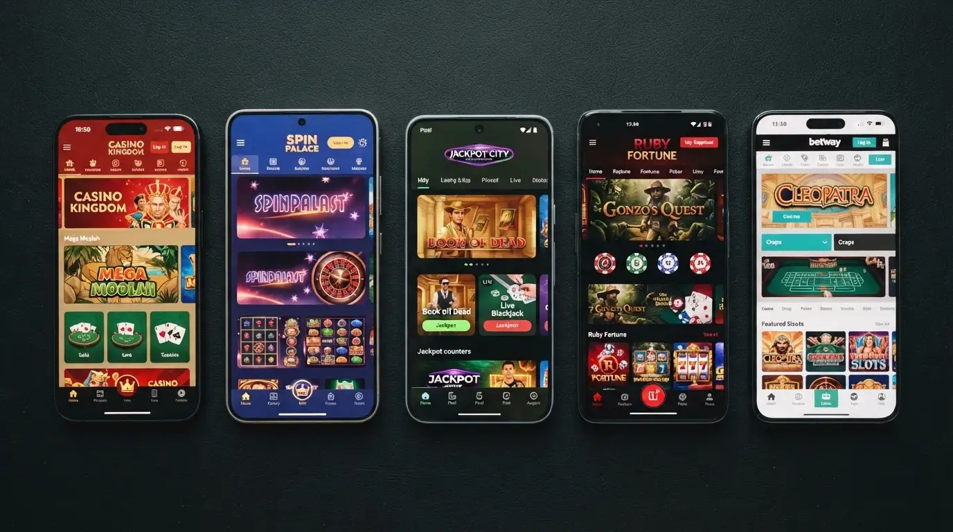 A row of smartphone screens each showing a different casino lobby homepage, arranged side by side