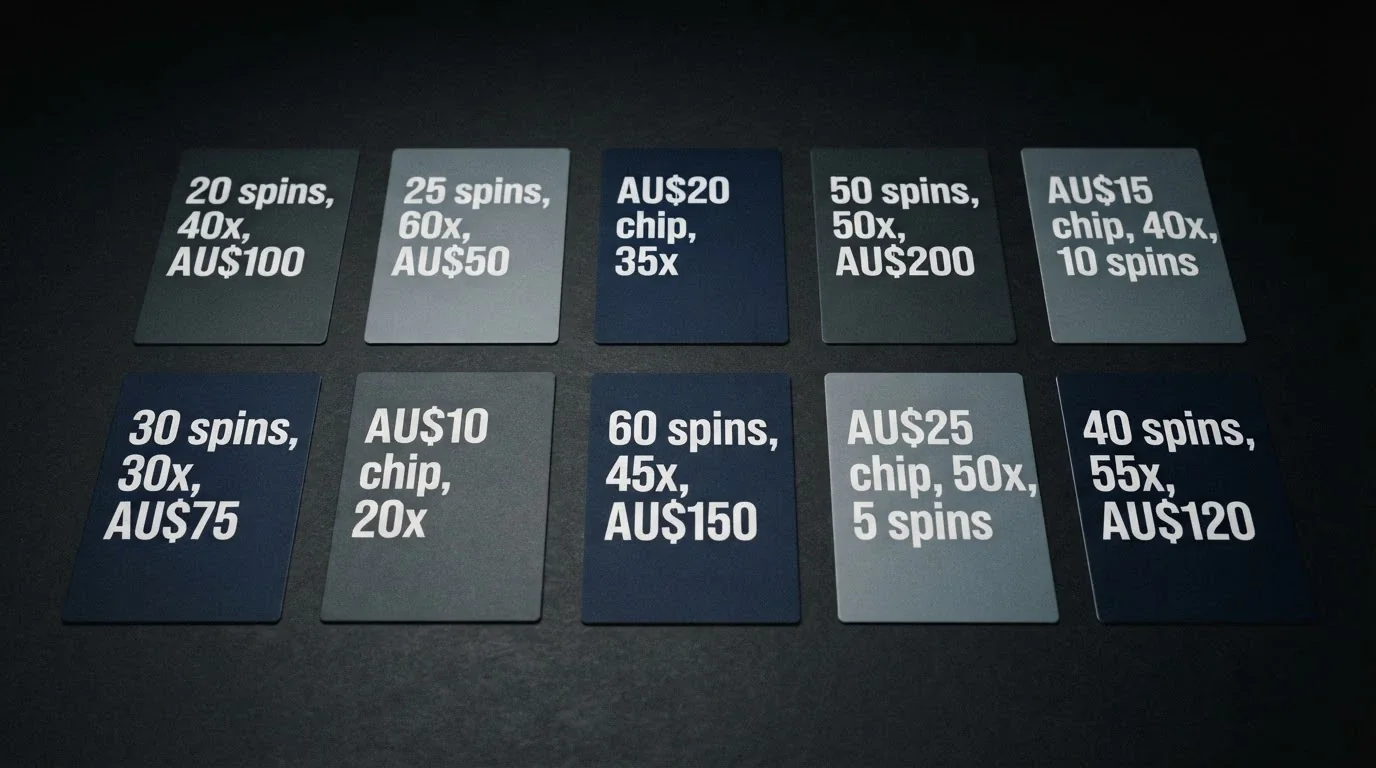 Ten casino-branded cards laid out in a comparison grid, each showing a different free-spin count and wagering figure
