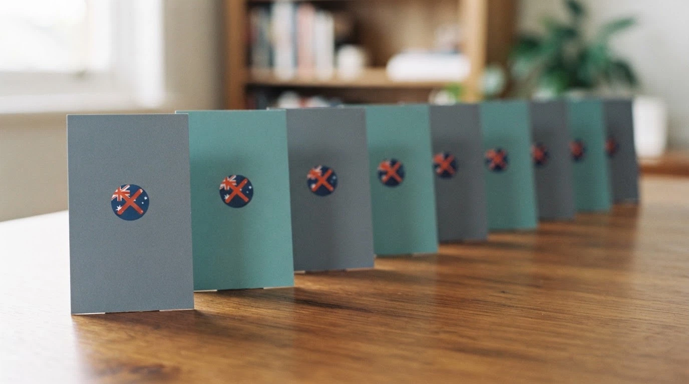 Ten casino-brand cards arranged in a row, each showing a different logo and a small AU-flag icon with a red cross through it, on a desk surface