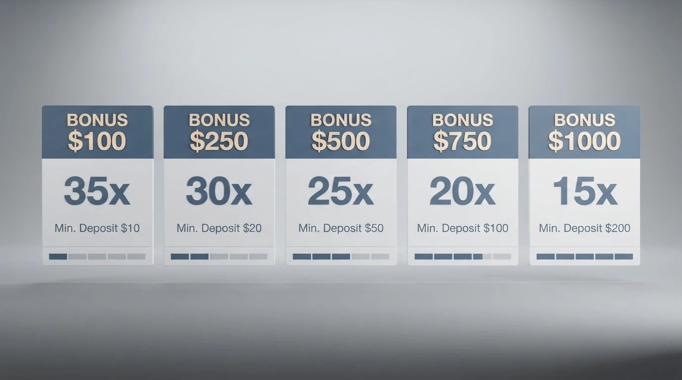 A side-by-side comparison grid of casino brand cards with bonus amounts, wagering multipliers and minimum deposits displayed beneath each logo