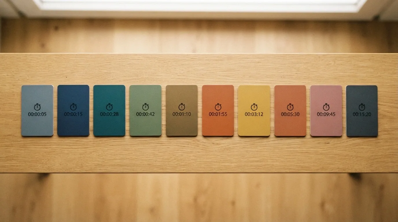 A visual representation of ten casino brand cards arrayed left to right by a stopwatch reading, fastest on the left with the smallest clock