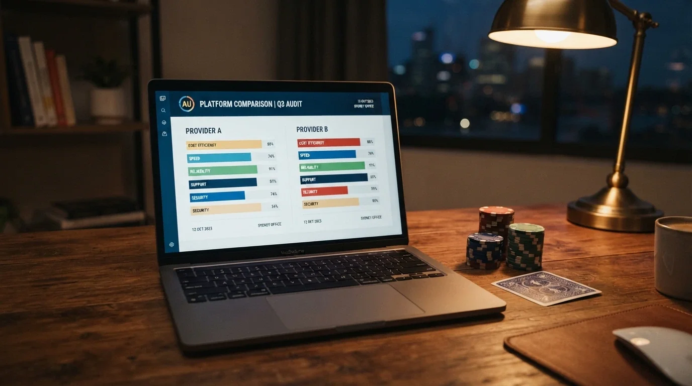 A comparison table listing ten casino operators with their bonus offers and licence jurisdictions