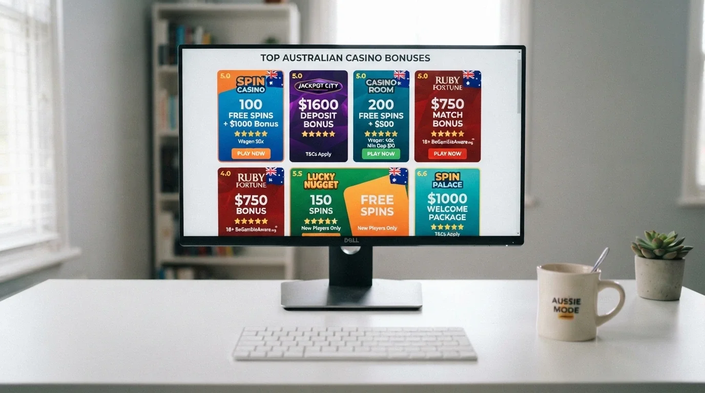A side-by-side grid of casino-brand tiles with offer badges (free spins, free chip amounts) and star ratings, arranged as a comparison layout on a desktop screen