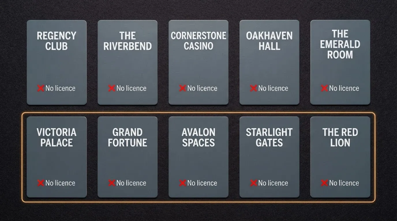 A side-by-side grid of casino brand logos or name cards arranged across a dark background, with a highlighted row drawing the eye to licence-status information