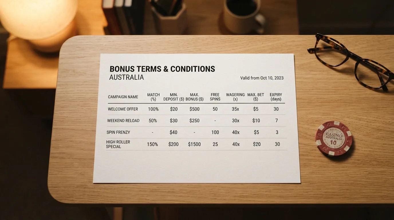 A comparison table listing ten offshore casinos with their first deposit bonus match rates, free-spin counts, wagering multiples and licence jurisdictions