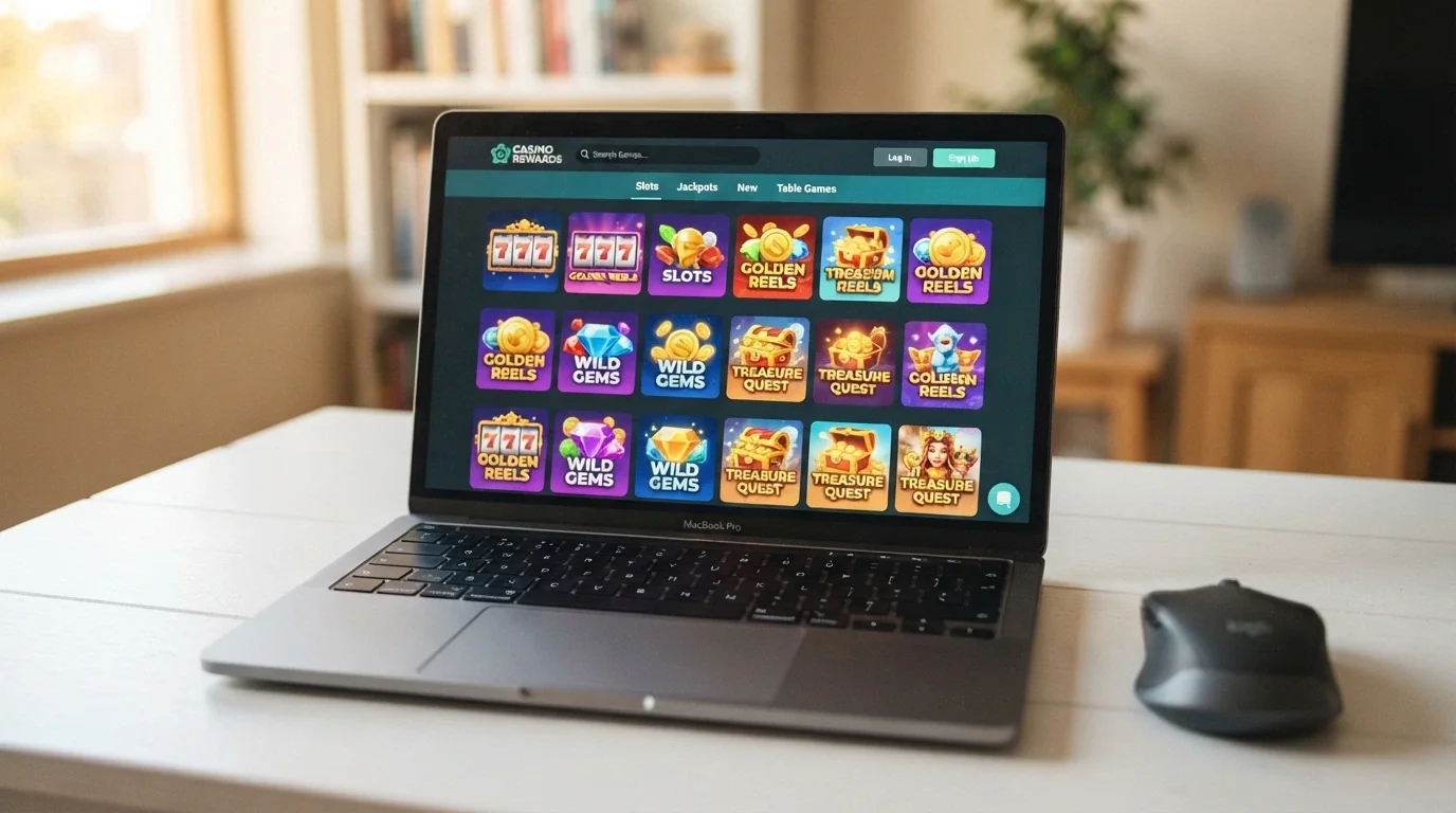 A generic offshore casino lobby screen showing a grid of pokie thumbnails with a search bar and category filters — no branding visible
