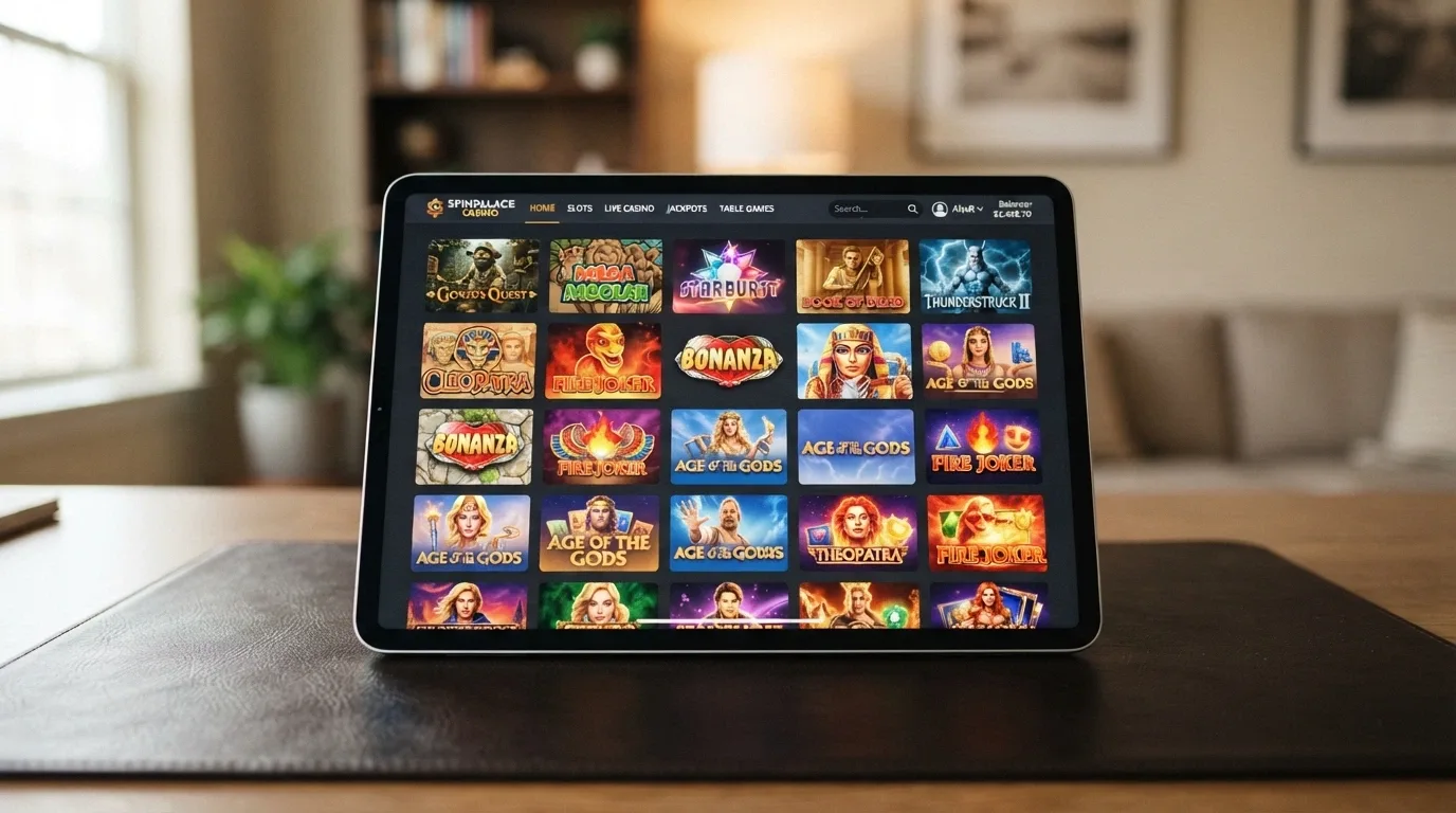 iPad screen displaying an offshore casino game lobby with pokie thumbnails arranged in a grid