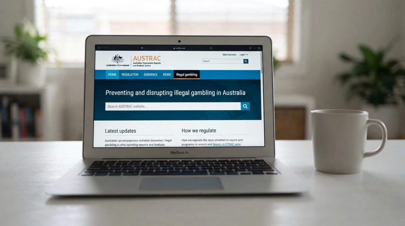 The ACMA website homepage visible on a laptop screen with the words “Illegal gambling” in the navigation