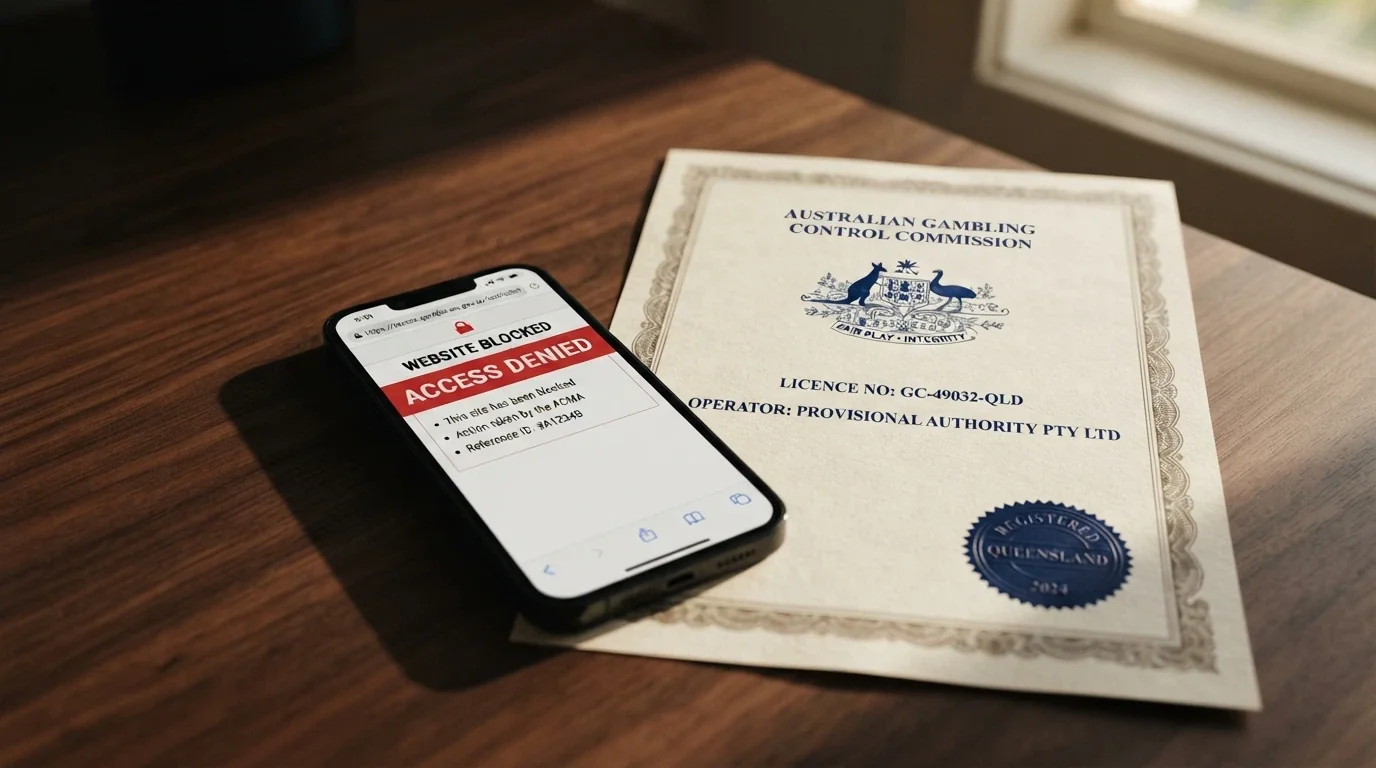 An illustrative offshore gaming licence certificate with the jurisdiction name visible but no real operator details, sitting beside a smartphone showing a blocked-website notice