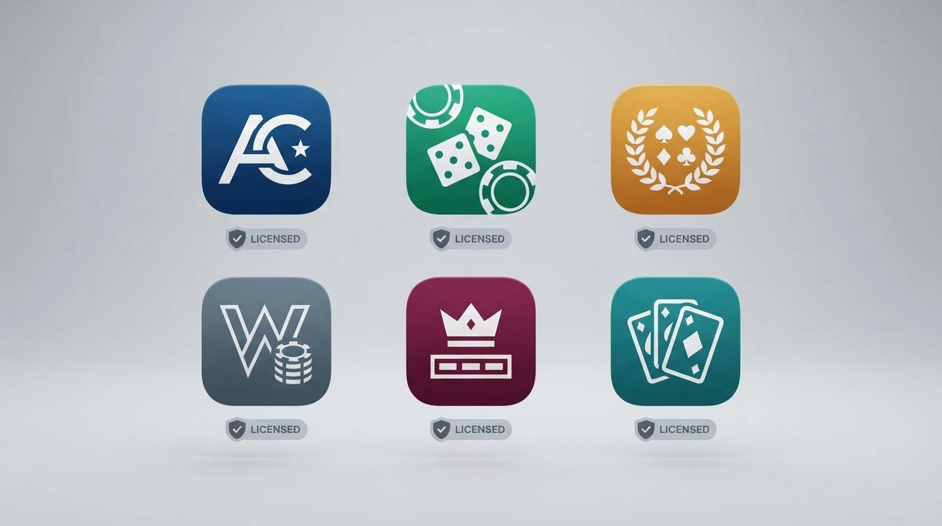 A grid of casino app icons and licence badges illustrating the comparison between featured operators