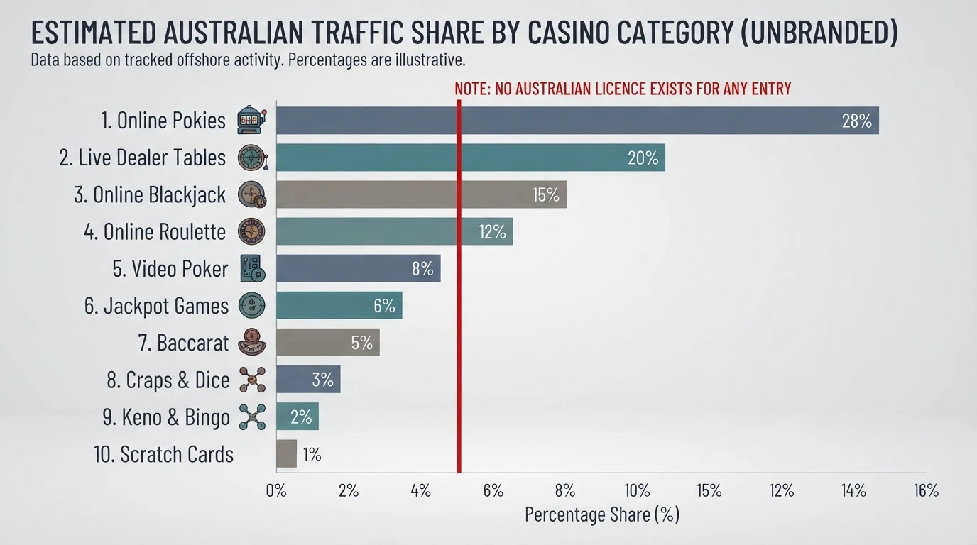 A side-by-side visual of casino brand logos arranged by descending bar-chart length, with a clear marker showing none carries an Australian licence