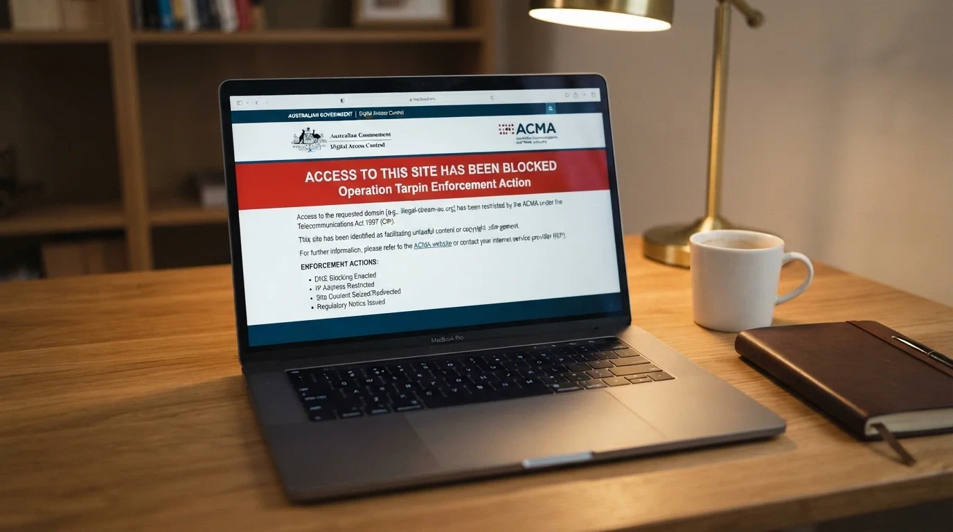 A laptop screen displaying an ACMA website page about illegal gambling services, with a blocked-site warning visible in the browser