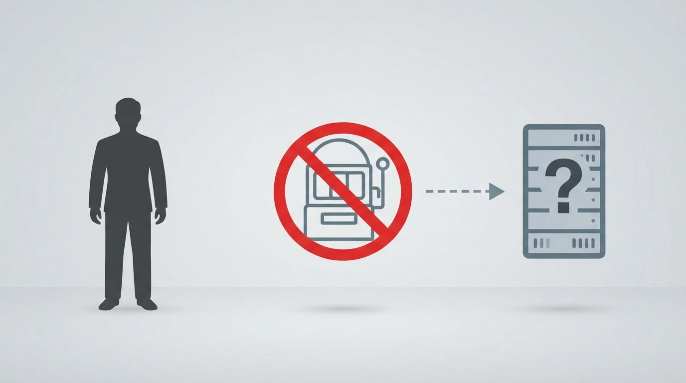 Simplified diagram showing an Australian-player silhouette, a red prohibited symbol over an online casino icon, and an arrow pointing to an offshore server marked with a question mark