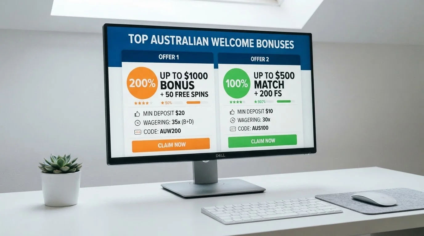 Side-by-side comparison of offshore casino welcome bonus offers displayed on a desktop screen